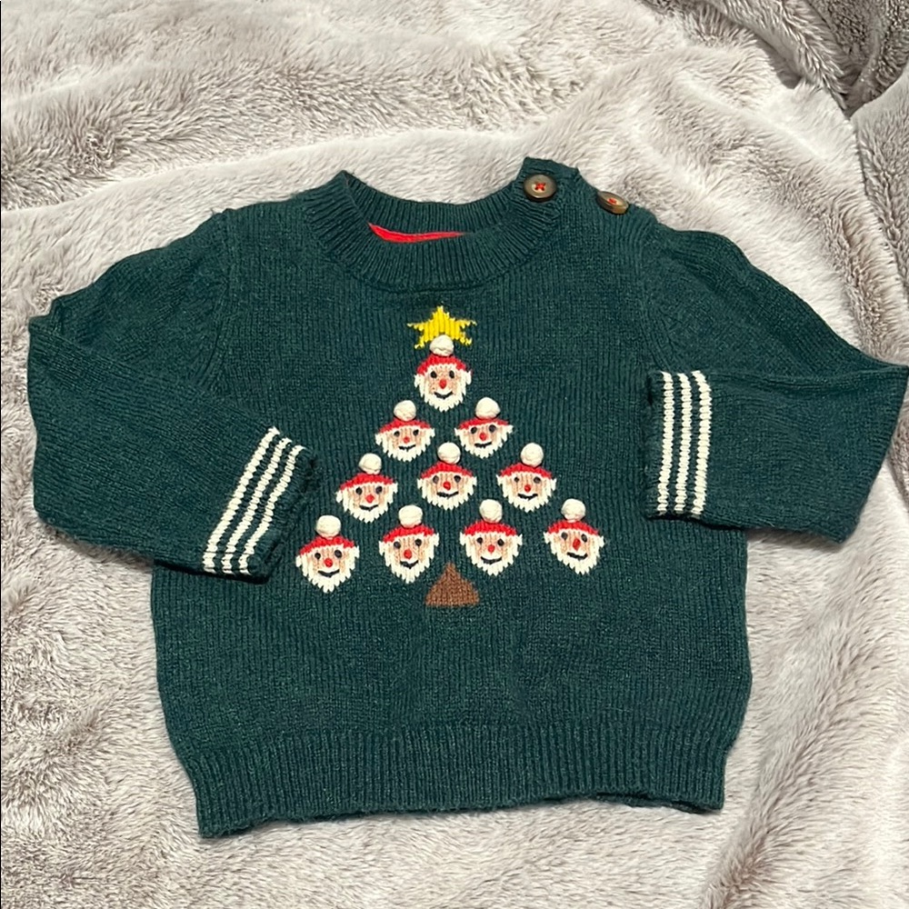 Baby Boden Festive Green Sweater with Santa Tree Design
